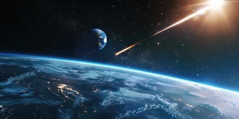 Obraz premium Meteor approaching Earth in space, the meteorite is approaching the planet