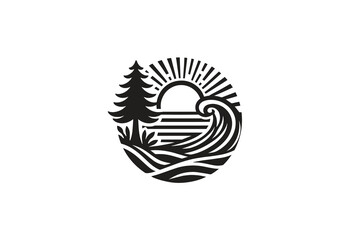 beach ocean logo with waves with pine tree black and white silhouette style vector