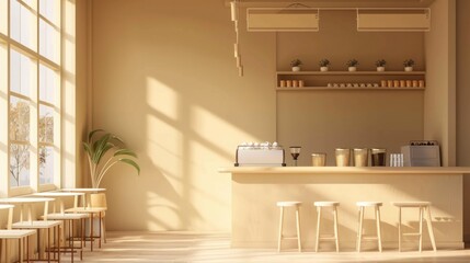Minimal interior design of cafe or coffee cafe bar shop in clean minimalist style, decorated with warm tone