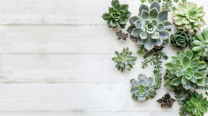 Minimalist background with various succulents on a painted white wooden desk.
