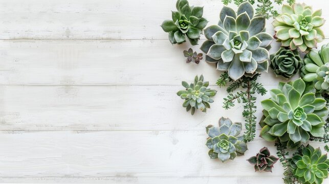 Minimalist background with various succulents on a painted white wooden desk.