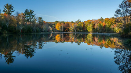 Obraz premium Serene Lake Surrounded by Forest and Mountains 