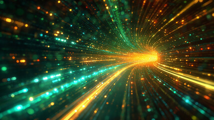 Obraz premium A colorful, swirling tunnel of light with green, yellow, and blue streaks
