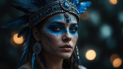 A woman with blue face painted and wearing a headdress,.