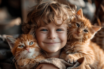 Photo of a happy child with two cats