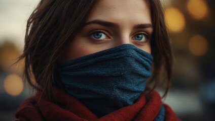 A woman with blue eyes wearing a red scarf over her face,. - Powered by Adobe