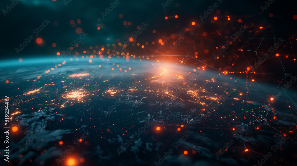 Canvas Prints a planet with a network of lights and a bright red dot in the middle