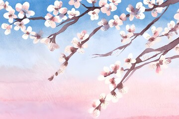 A photo of white cherry blossoms with a blue sky, Spring time, Watercolor