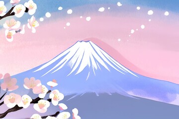 A photo of white cherry blossoms with a blue sky and Fuji mountain, Spring time, Watercolor