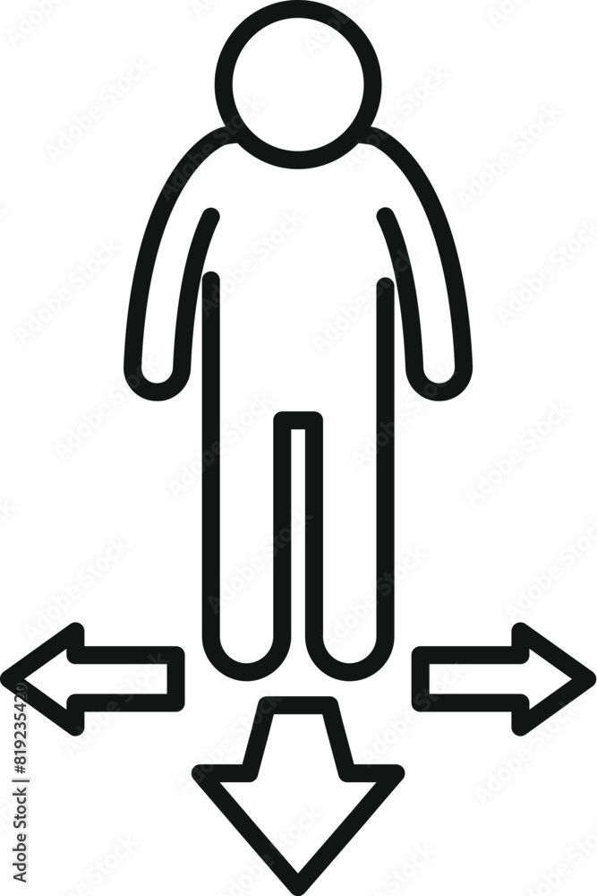 Poster simple line icon of a stick figure standing at a choice point with arrows pointing in different dire