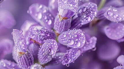 A closeup of lavender petals with droplets of morning dew, creating a fresh and calming scene, Natural, Soft, Detailed