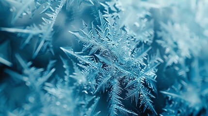 Abstract closeup of ice crystals on a window, futuristic, blue hues, digital art, emphasizing the geometric patterns and cold ambiance