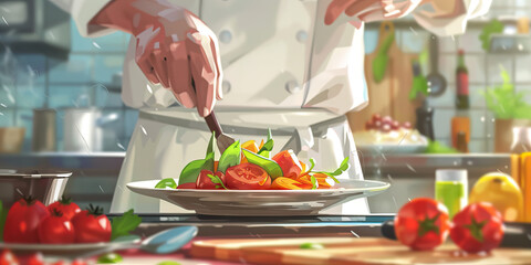 A Master Chef Meticulously Crafts an Exquisite Meal, Infusing the Kitchen with Seductive Aromas