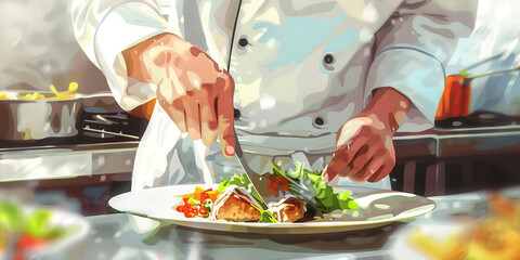 A Master Chef Meticulously Crafts an Exquisite Meal, Infusing the Kitchen with Seductive Aromas