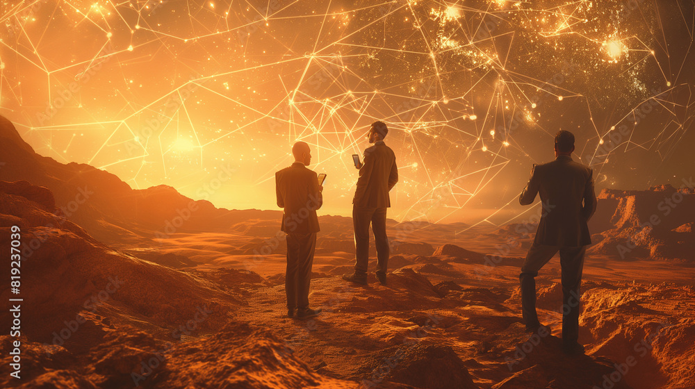 Canvas Prints three men standing in a desert with a starry sky above them