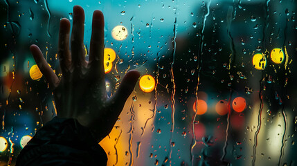 silhouette of a hand on a raindrop covered window - Powered by Adobe