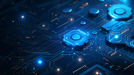 A blue and black computer chip with a blue gear on it