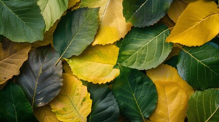 Closeup of leaves in various shades of green and yellow, capturing the subtle changes of early autumn, Hyperrealistic, Warm Tones, High Resolution