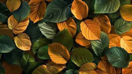 Closeup of leaves in various shades of green and yellow, capturing the subtle changes of early autumn, Hyperrealistic, Warm Tones, High Resolution