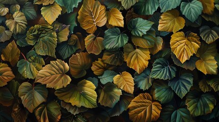 Closeup of leaves in various shades of green and yellow, capturing the subtle changes of early autumn, Hyperrealistic, Warm Tones, High Resolution