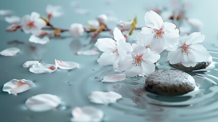 Delicate cherry blossom petals falling in a zen garden, serene and peaceful atmosphere, Minimalist, Soft, Tranquil