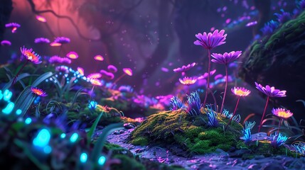 Grass and moss with bioluminescent flowers, Scifi, Neon colors, Digital art