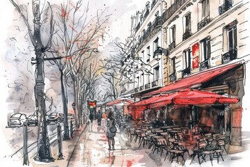 Fototapeta na wymiar Paris street colored sketch postcard