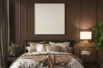 Mockup poster frame in luxury bedroom interior, 3d render, Coffee Brown background