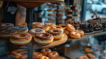 Fresh donuts on a round wooden stand at a coffee shop display. National Donut Day