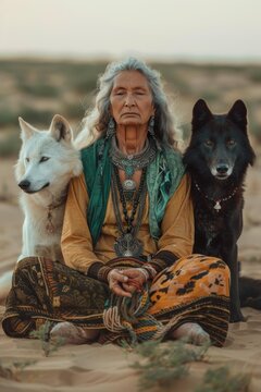 Frau, traditionelle Kleidung, praktiziert Yoga-Pose in Einklang mit der Natur, inmitten von tierischen Weggef&auml;hrten, Stimmung der Achtsamkeit, Meditation und Entspannung des Geistes.