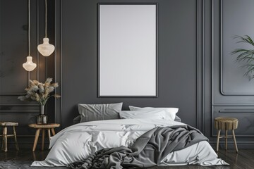 Mockup poster frame in luxury bedroom interior, 3d render, Gray background