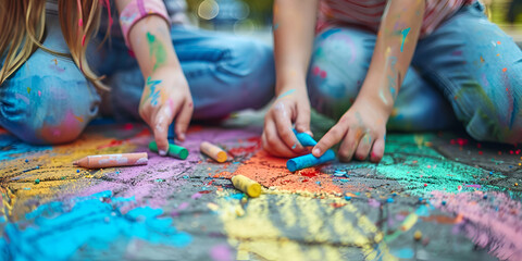 Selective Focus A Child Uses Chalk To Draw A House And Rainbow On The Asphalt Photo Background