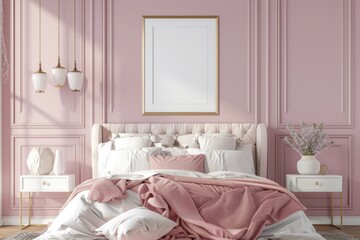 Mockup poster frame in luxury bedroom interior, 3d render, Lavender background.