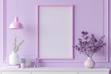 Mockup poster frame in luxury bedroom interior, 3d render, Lilac background