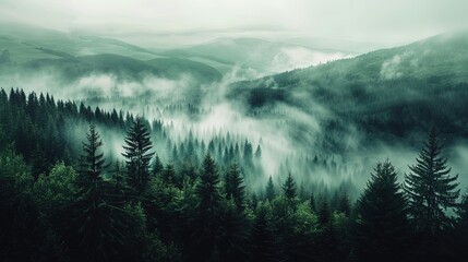 misty morning in the forest 4k background, smoky jungle background, Aerial footage of spruce forest trees on the mountain background, hd wallpaper