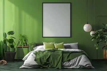 Mockup poster frame in luxury bedroom interior, 3d render, Lime Green background