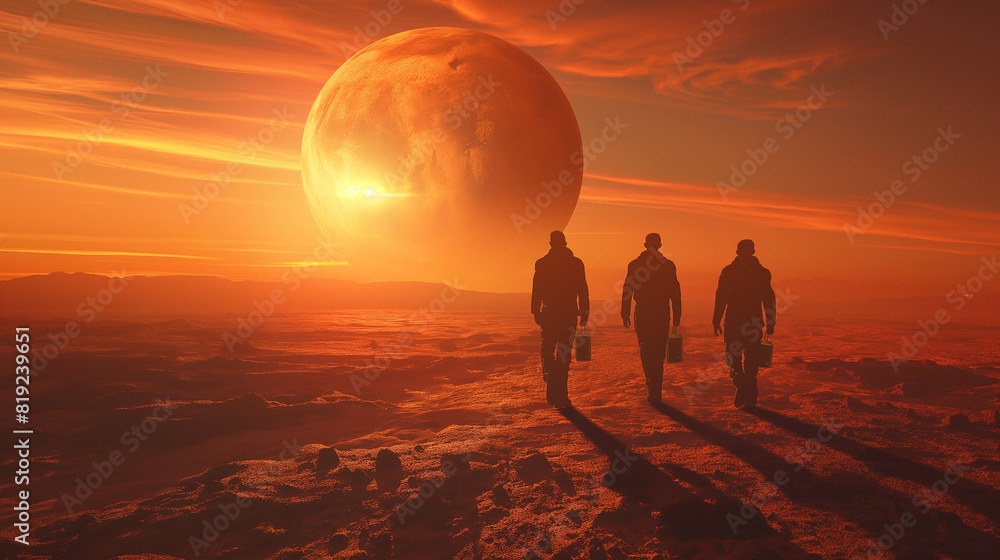 Canvas Prints three astronauts are walking across a desert planet