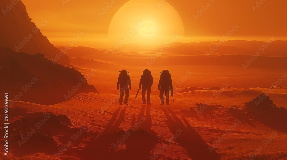Canvas Prints three astronauts are walking across a desert planet