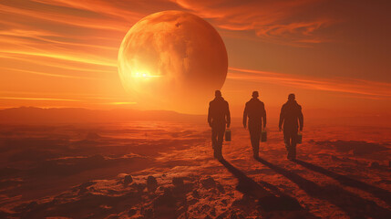 Three astronauts are walking across a desert planet