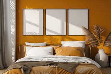 Mockup poster frame in luxury bedroom interior, 3d render, Mustard background