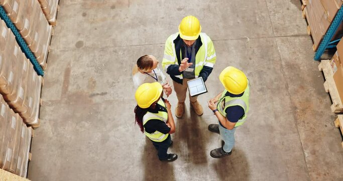Warehouse, tablet and people with teamwork for logistics planning, ecommerce or supply chain solution. Group or industrial leader above with digital software for courier, shipping or stock management
