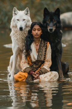 Frau, traditionelle Kleidung, praktiziert Yoga-Pose in Einklang mit der Natur, inmitten von tierischen Weggef&auml;hrten, Stimmung der Achtsamkeit, Meditation und Entspannung des Geistes.