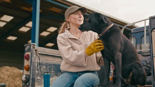 Female farm worker sitting on tailgate of off road farm vehicle with working dog - shot in slow motion