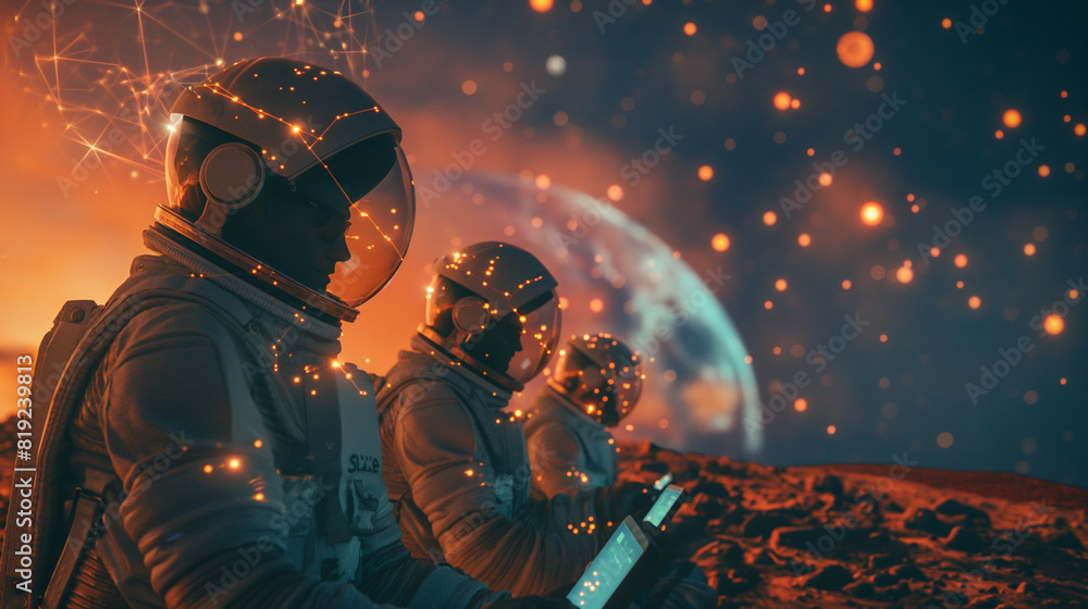 Canvas Prints three astronauts are walking across a desert planet