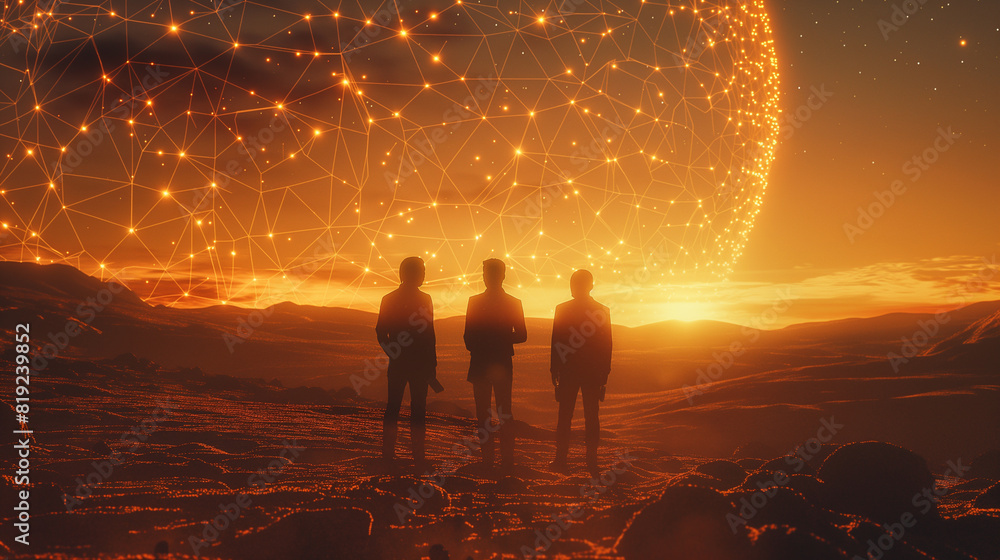 Canvas Prints three astronauts are walking across a desert planet
