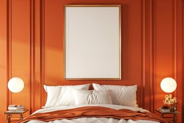 Mockup poster frame in luxury bedroom interior, 3d render, Orange background