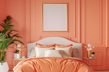 Mockup poster frame in luxury bedroom interior, 3d render, Peach background.