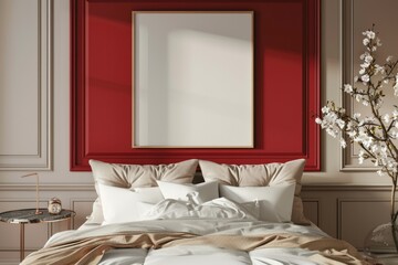 Mockup poster frame in luxury bedroom interior, 3d render, Red background