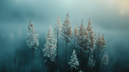 Ethereal reed field captured in a tranquil twilight glow, exuding calm and mystery