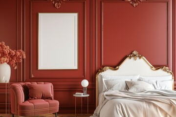 Mockup poster frame in luxury bedroom interior, 3d render, Ruby background